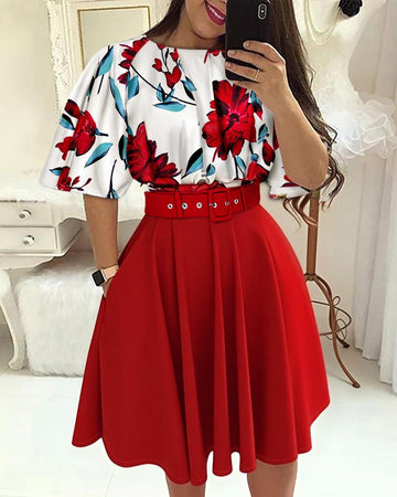 Floral Print Batwing Sleeve Top A line Pocket Dress with Belt